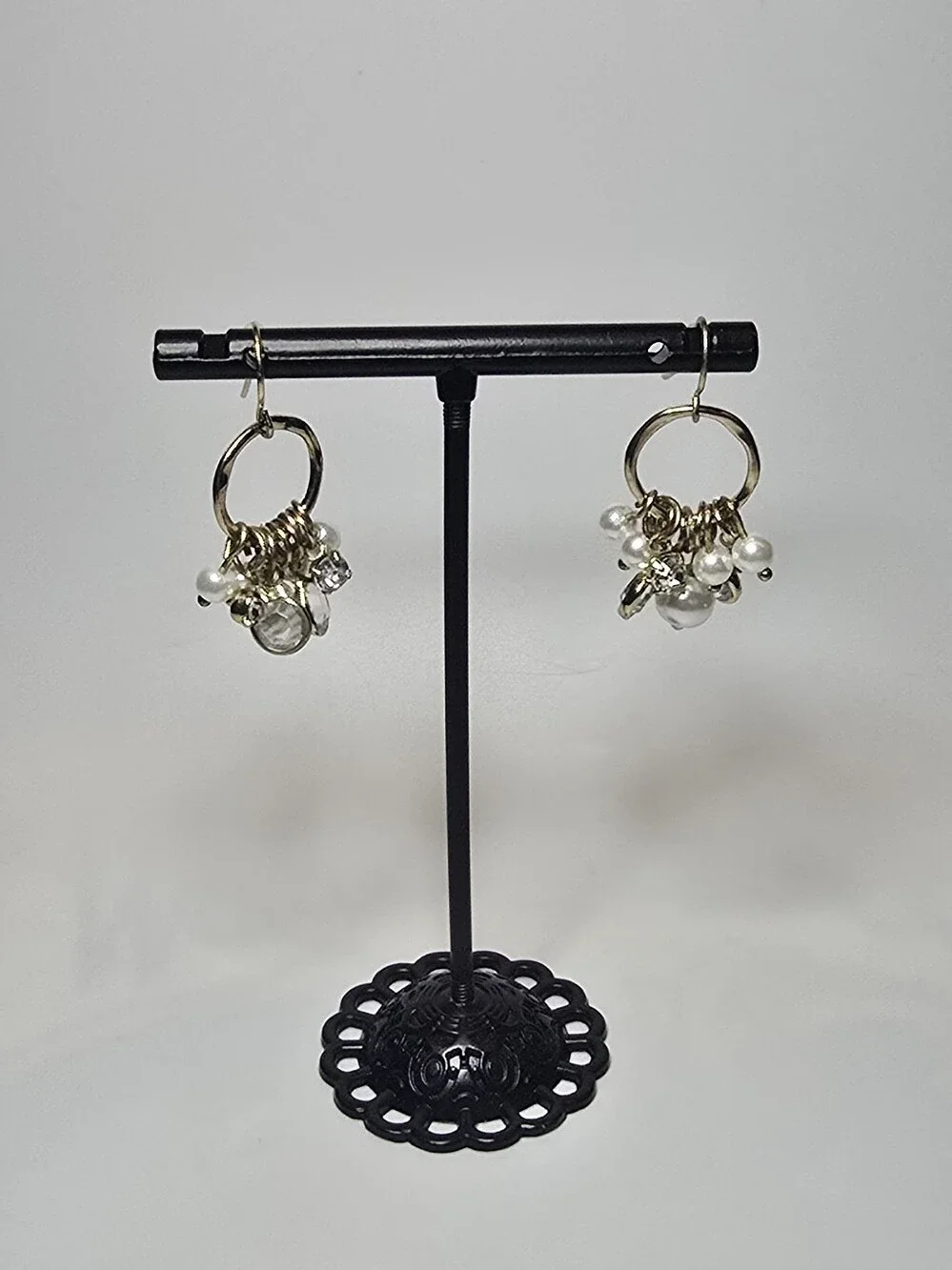 Vintage Gold Tone Drop Earrings with Pearl and Crystal Clusters